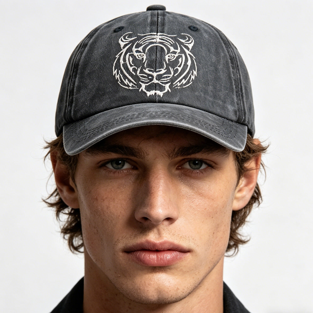 2pcs Tiger Head Embroidered Baseball Cap - Vintage Washed Cotton Hat, Adjustable Unstructured Low Profile, Wildlife Animal Cap For Men Women
