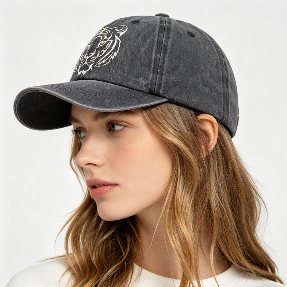 2pcs Tiger Head Embroidered Baseball Cap - Vintage Washed Cotton Hat, Adjustable Unstructured Low Profile, Wildlife Animal Cap For Men Women