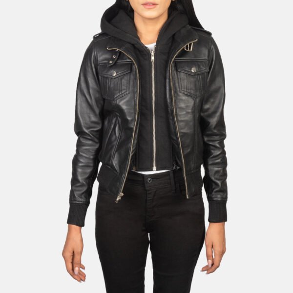 Roslyn Black Genuine Leather Hooded Bomber Jacket