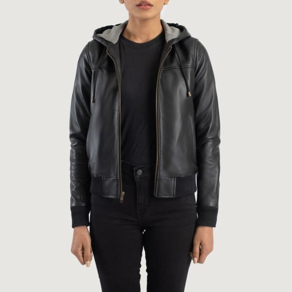 Rebella Black Genuine Leather Hooded Bomber Jacket