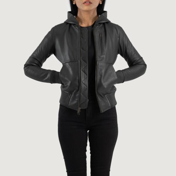 Luna Black Real Sheepskin Leather Hooded Bomber Jacket