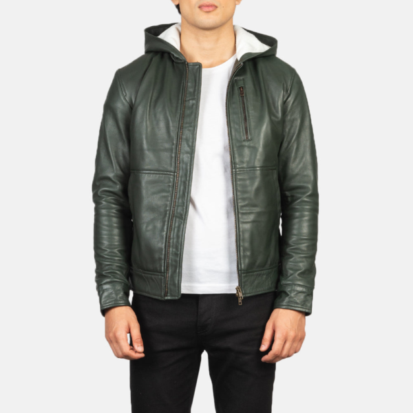 Baston Green Hooded Sheepskin Leather Bomber Jacket