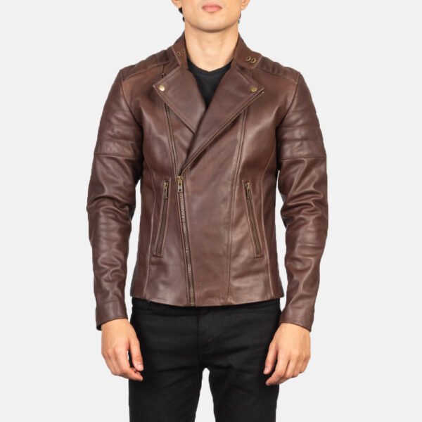 Real Leather Biker Jacket - Classic Brown Asymmetric Style