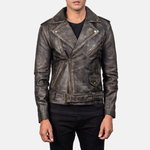 Real Leather Biker Jacket - Distressed Brown Asymmetric Style