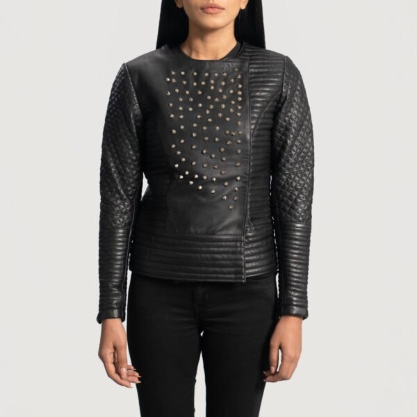 Real Leather Studded Biker Jacket - Black Moto Style